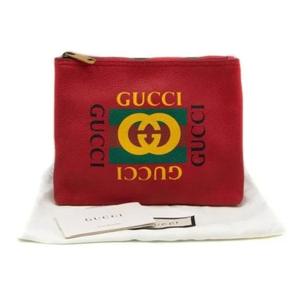 New Gucci Red Leather Printed Portfolio Pouch Bag